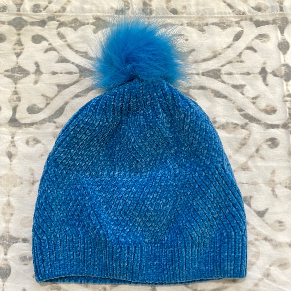 Blue Knit Hat with fuzzy pom pom
